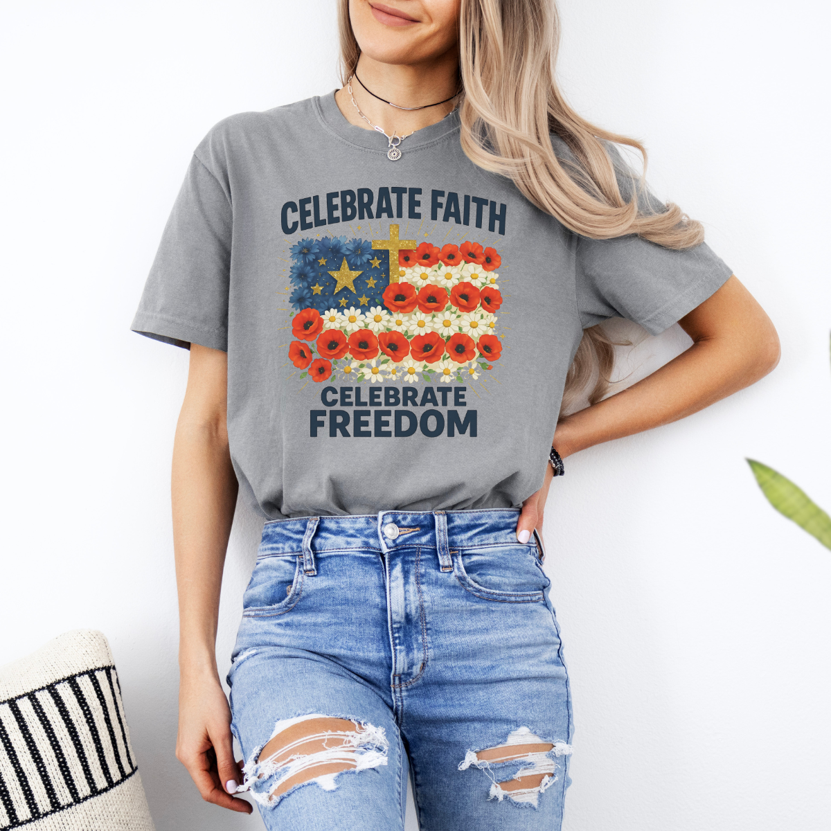 Celebrate Faith, Celebrate Freedom – Women’s Christian USA Flag T-Shirt