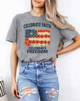 Celebrate Faith, Celebrate Freedom – Women’s Christian USA Flag T-Shirt