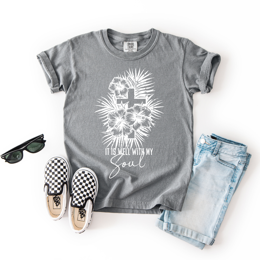 It Is Well With My Soul – Youth Christian Floral Cross T-Shirt