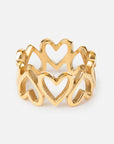 Elevated Faith Heart Chain gold-tone ring with connected open hearts on a white background.