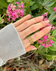 Hand with a gold ring touching pink flowers among green leaves