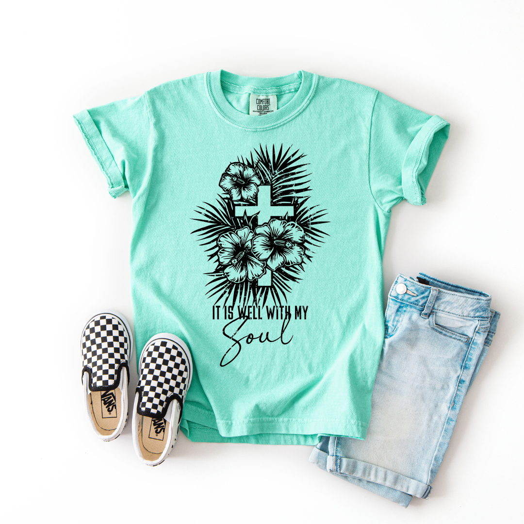 It Is Well With My Soul – Youth Christian Floral Cross T-Shirt