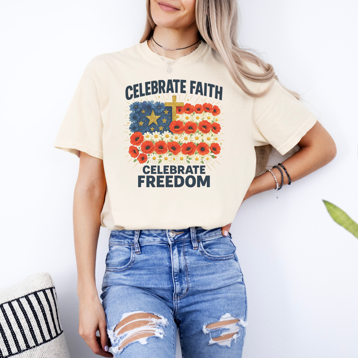 Celebrate Faith, Celebrate Freedom – Women’s Christian USA Flag T-Shirt