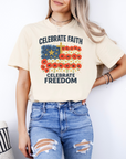 Celebrate Faith, Celebrate Freedom – Women’s Christian USA Flag T-Shirt