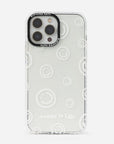 Clear phone case with circular patterns and brand name on a white background