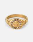 Kingdom gold-tone signet ring with a raised cross, clear sparkling accents, and sculpted band details.