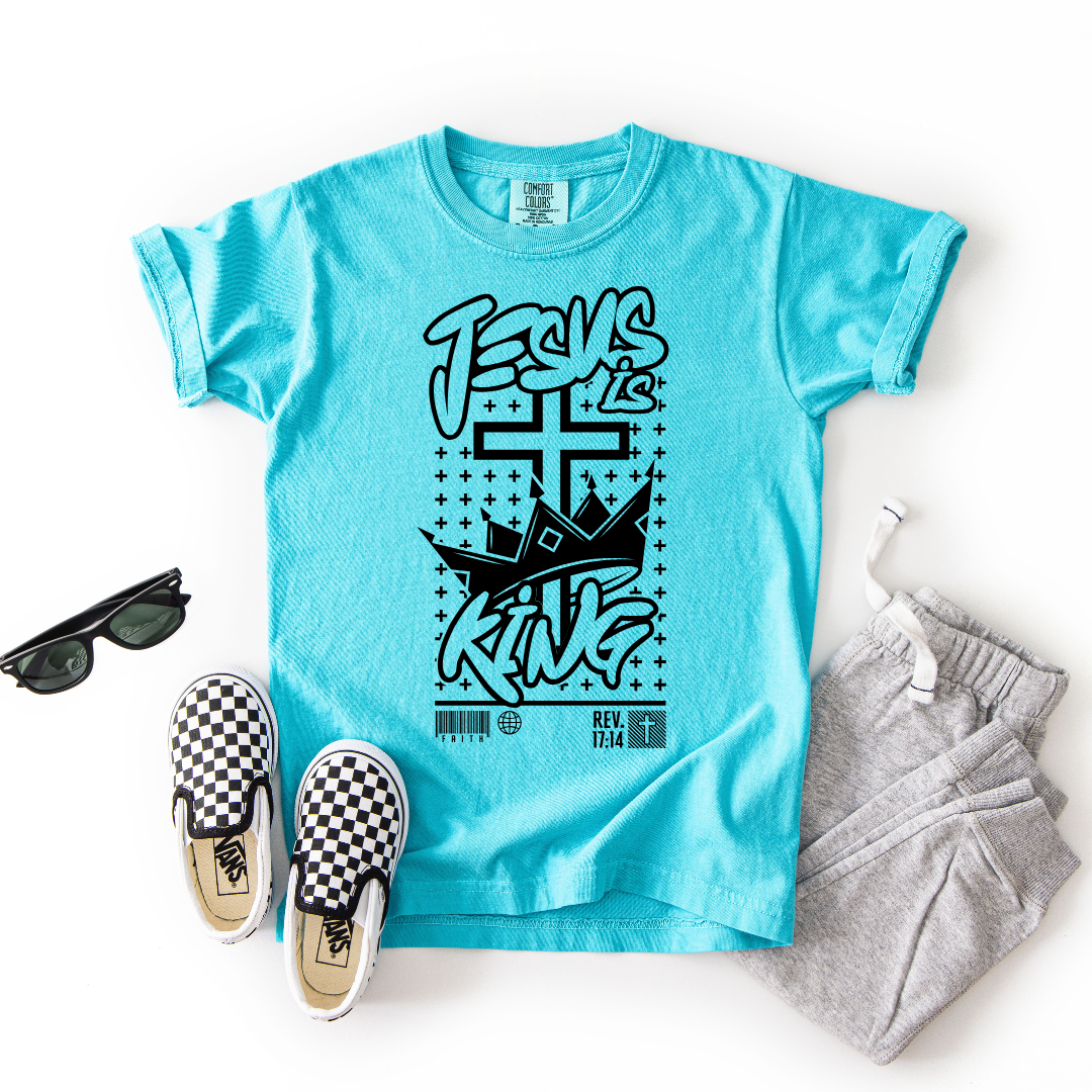 Jesus Is King – Youth Christian T-Shirt with Crown & Cross