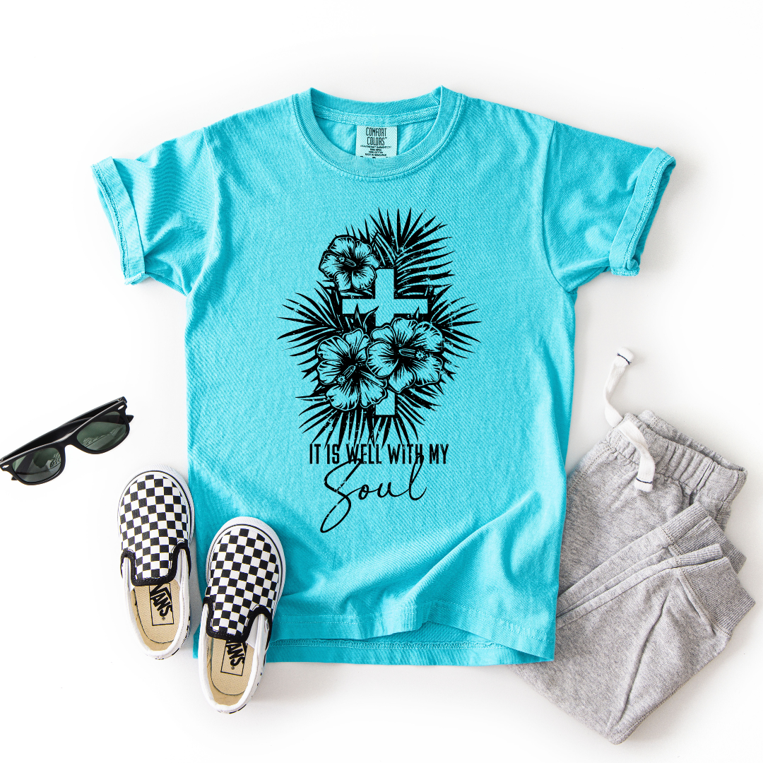 It Is Well With My Soul – Youth Christian Floral Cross T-Shirt