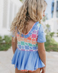 Blue Flower Check Skirted Leotard | Girls Dance & Gymnastics Leotard