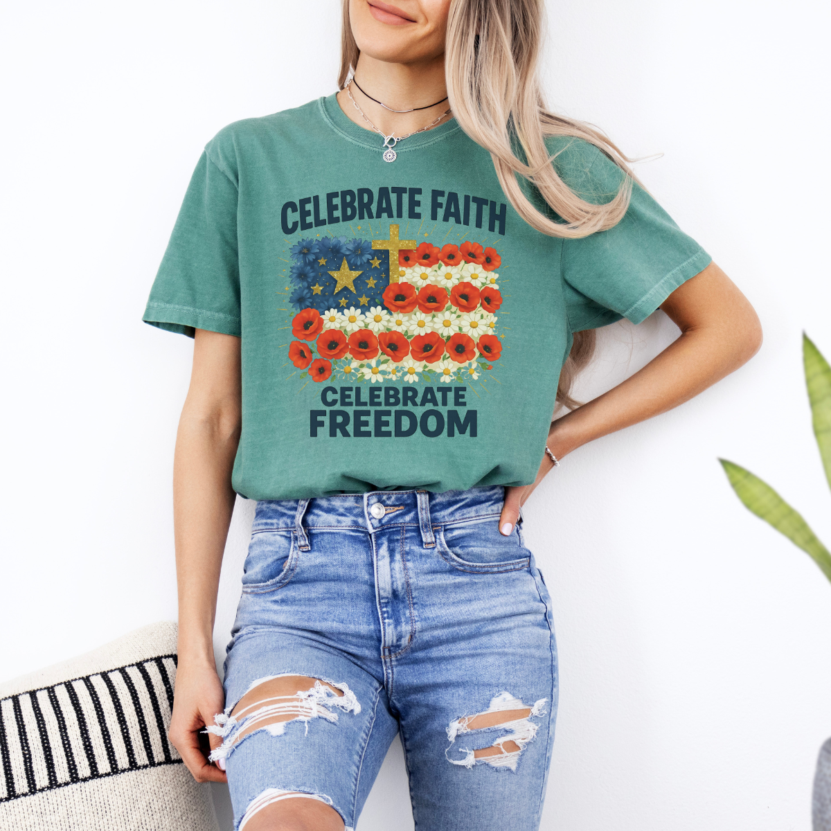 Celebrate Faith, Celebrate Freedom – Women’s Christian USA Flag T-Shirt