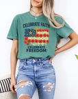 Celebrate Faith, Celebrate Freedom – Women’s Christian USA Flag T-Shirt