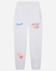 White sweatpants with colorful graphics and text on a white background
