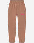 Brown sweatpants with a pink logo on a white background