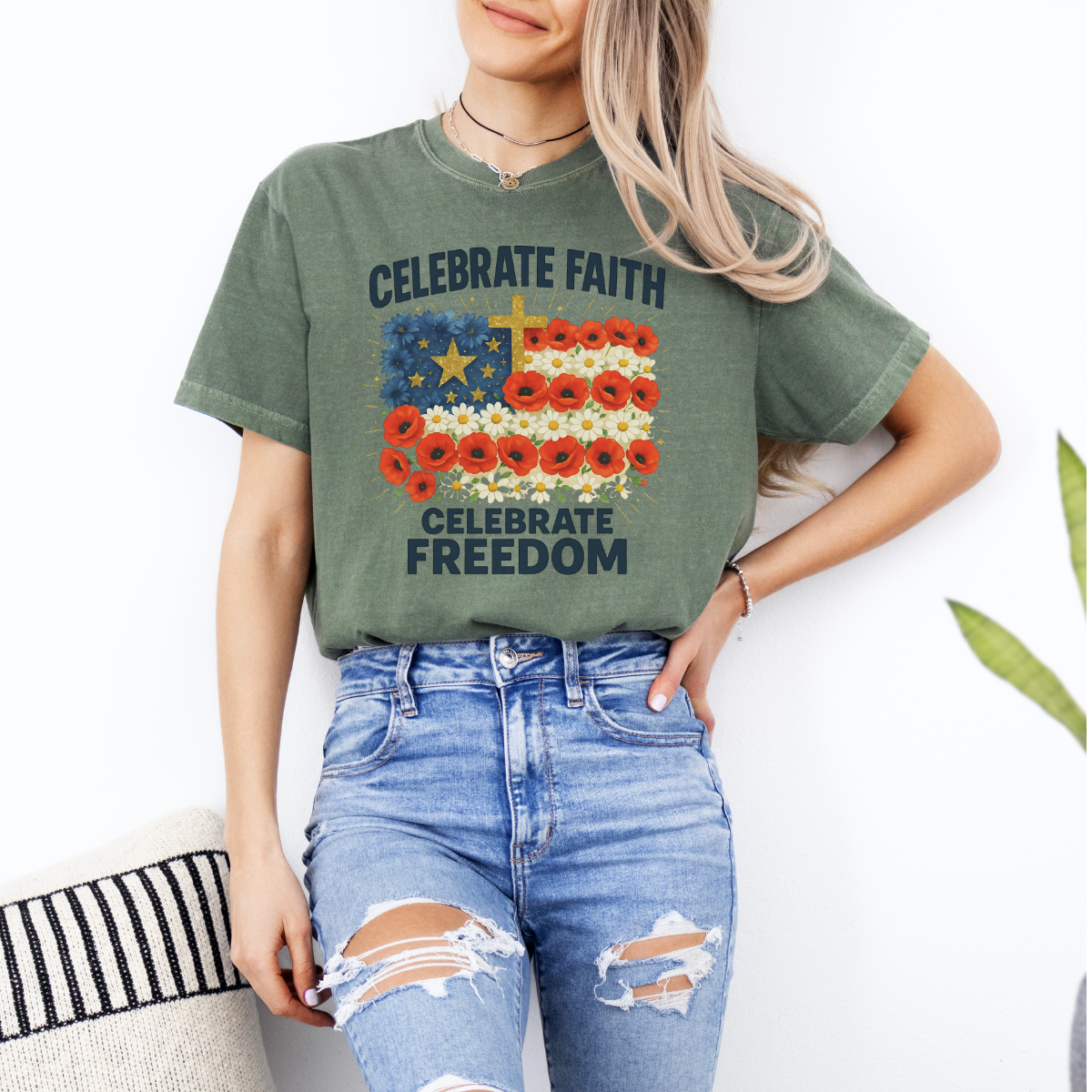 Celebrate Faith, Celebrate Freedom – Women’s Christian USA Flag T-Shirt