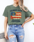 Celebrate Faith, Celebrate Freedom – Women’s Christian USA Flag T-Shirt