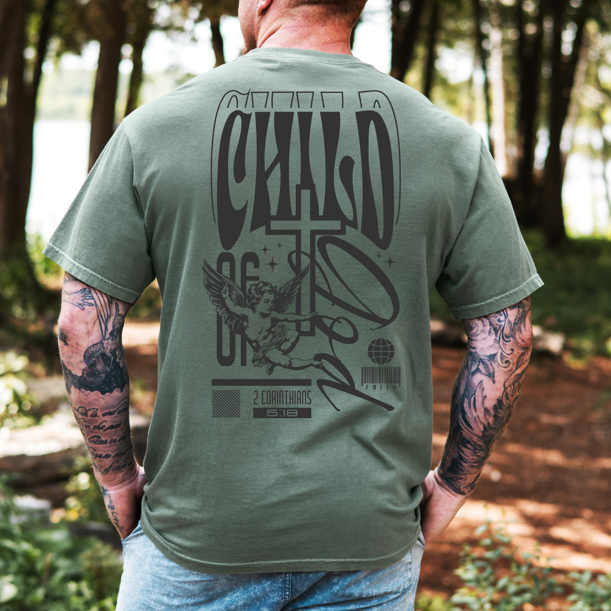 Child of God – Men’s Christian T-Shirt with Angel Design (2 Corinthians 6:18)