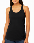 White female model wearing a black Next Level N1533 Women’s Racerback Tank on a white background — lightweight cotton blend tank ideal for custom printing by Lumiere Vive.
