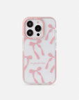 No Greater Love iPhone case featuring pink ribbon bows, delicate lettering, and a pink border.