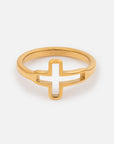 Open Cross Gold-Tone Ring with a slim band and outlined cross on a white background