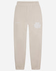 Beige sweatpants with a logo on a white background
