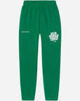 Green sweatpants with white text on a white background