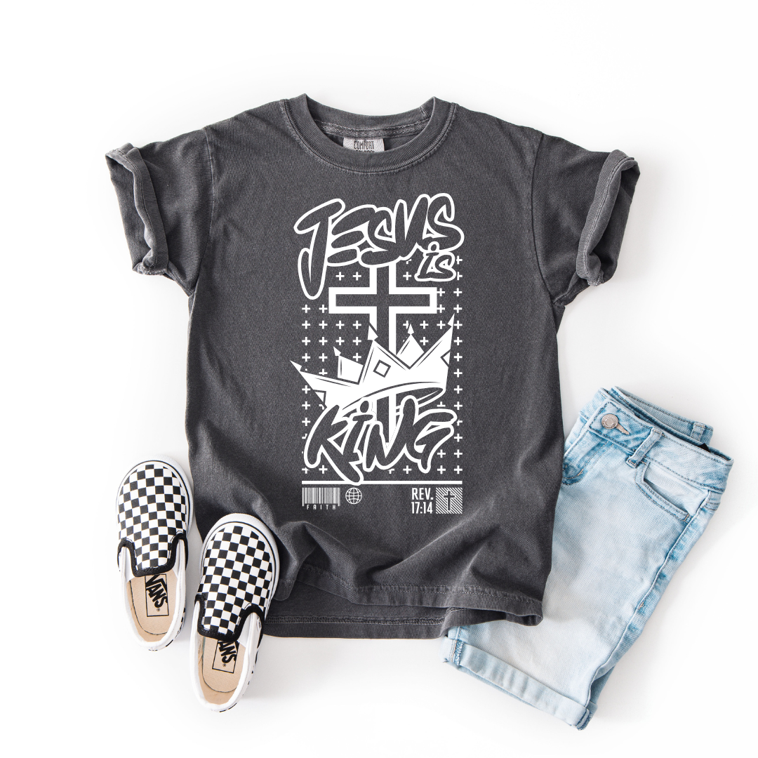 Jesus Is King – Youth Christian T-Shirt with Crown & Cross