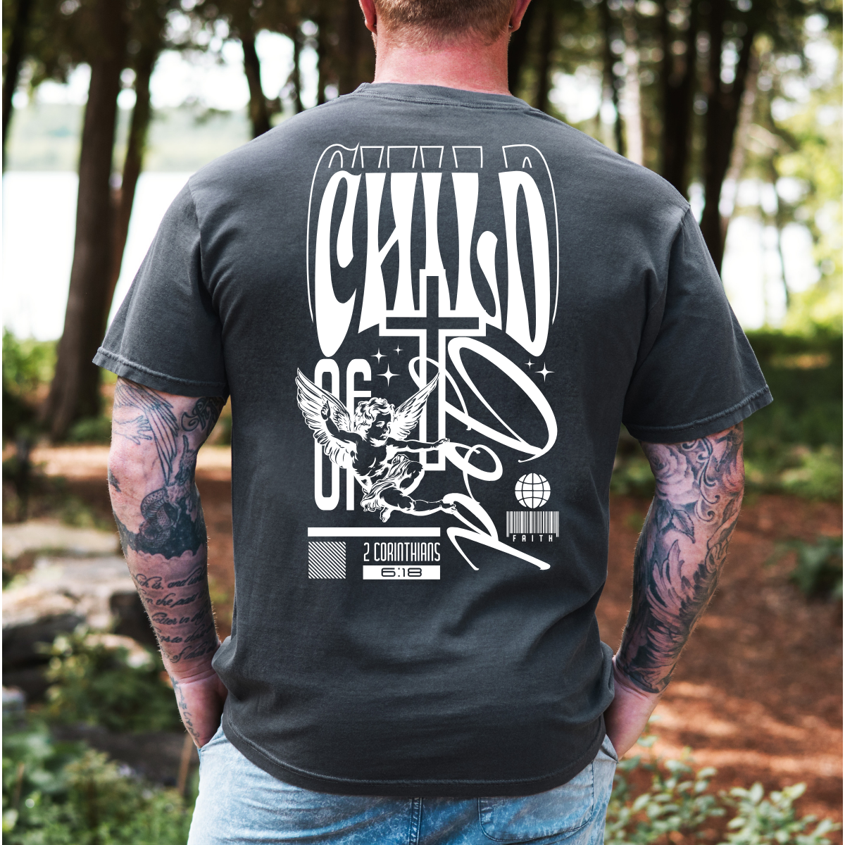 Child of God – Men’s Christian T-Shirt with Angel Design (2 Corinthians 6:18)