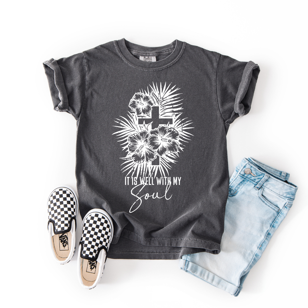 It Is Well With My Soul – Youth Christian Floral Cross T-Shirt
