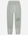 Light gray sweatpants with 'Perfect Love' text on a white background