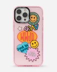 Pink phone case with colorful stickers and text on a white background