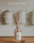 Sweet Water Decor reed diffuser product features graphic with a clear glass bottle and reeds