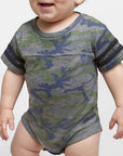 Baby wearing a camouflage onesie on a white background
