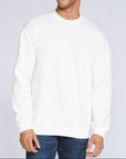 Man wearing a white Gildan Softstyle Lightweight Fleece Crewneck sweatshirt with a clean, minimal fit — ideal for custom printing and cozy studio wear by Lumiere Vive.