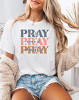 Pray On It. Over It. Through It. – Women’s Christian T-Shirt in Script Font