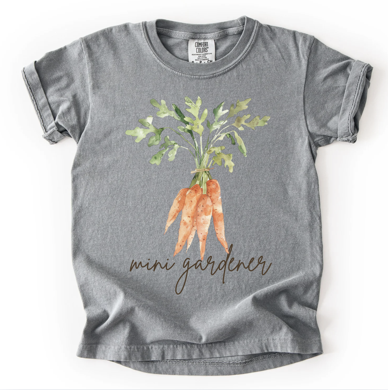 Gray t-shirt with carrot design and 'mini gardener' text on a white background