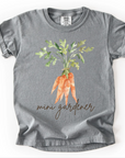 Gray t-shirt with carrot design and 'mini gardener' text on a white background