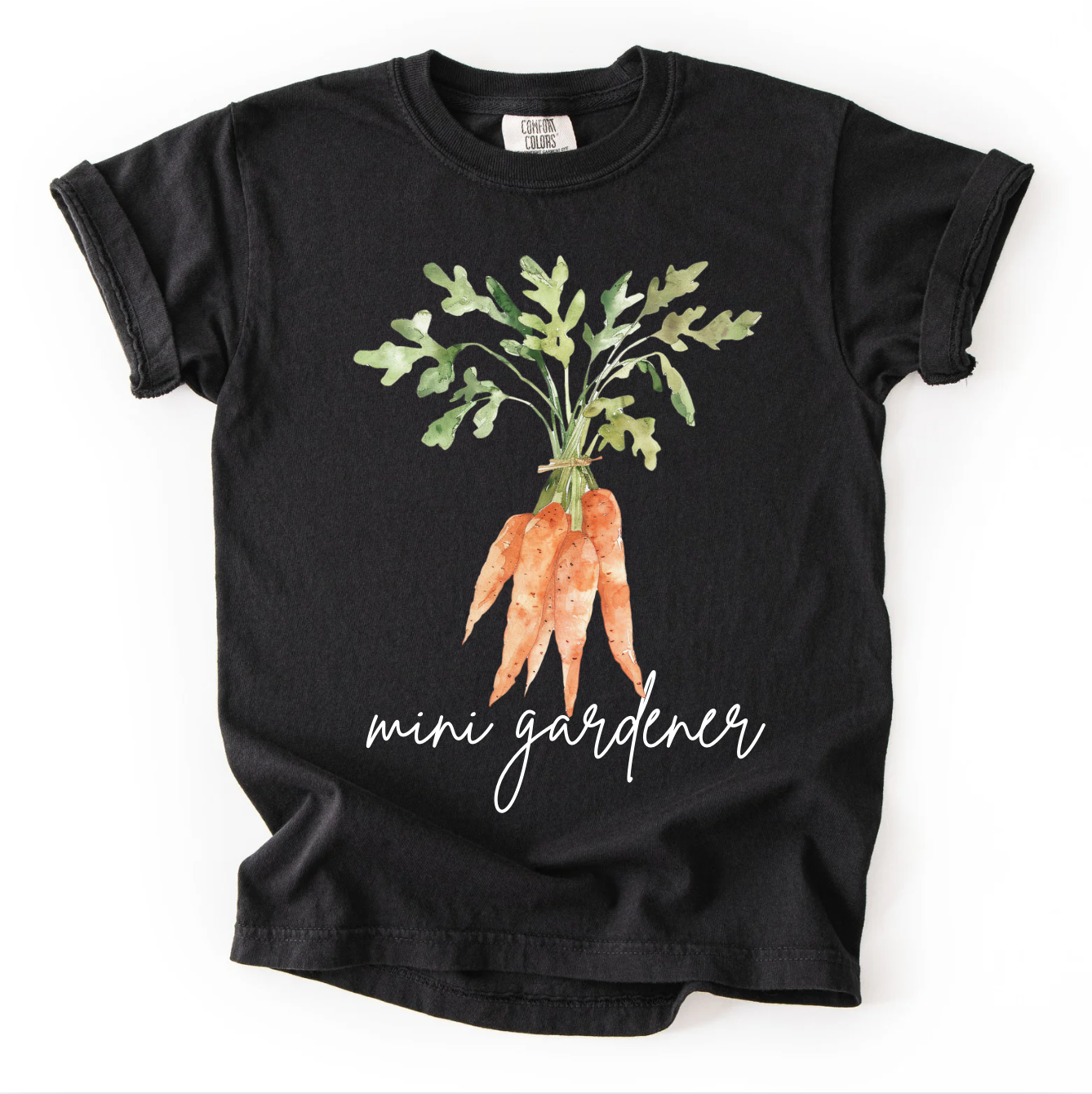 Black t-shirt with a graphic of carrots and the text 'mini gardener' on a white background