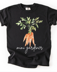 Black t-shirt with a graphic of carrots and the text 'mini gardener' on a white background