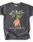Children's t-shirt with carrot design and 'mini gardener' text on a white background