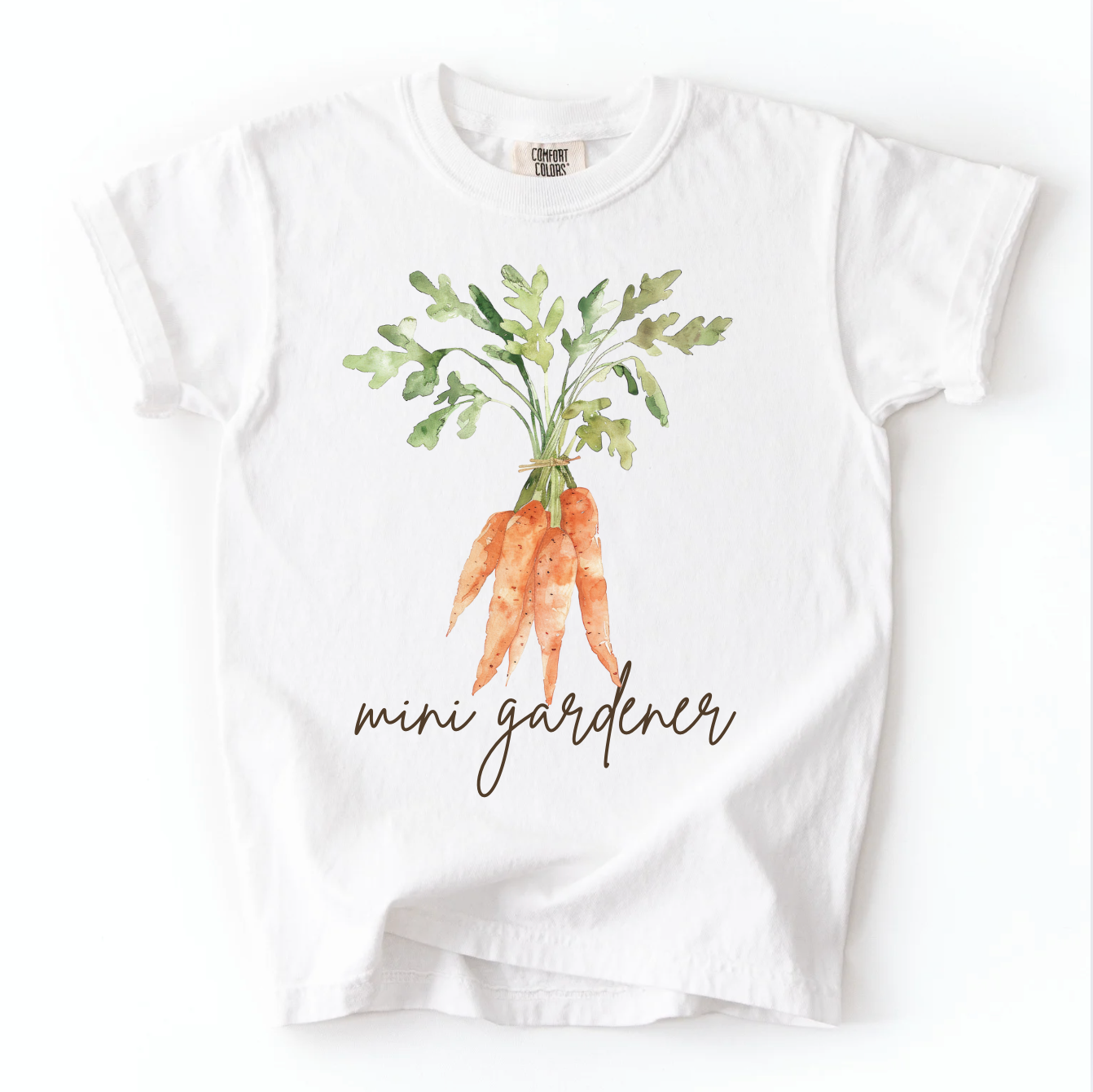 White t-shirt with a graphic of carrots and the text 'mini gardener' on a white background