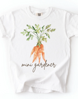 White t-shirt with a graphic of carrots and the text 'mini gardener' on a white background
