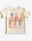 A light-colored children's t-shirt top with illustrations of girls' boots and the text 'LET'S GO GIRLS' printed on it.