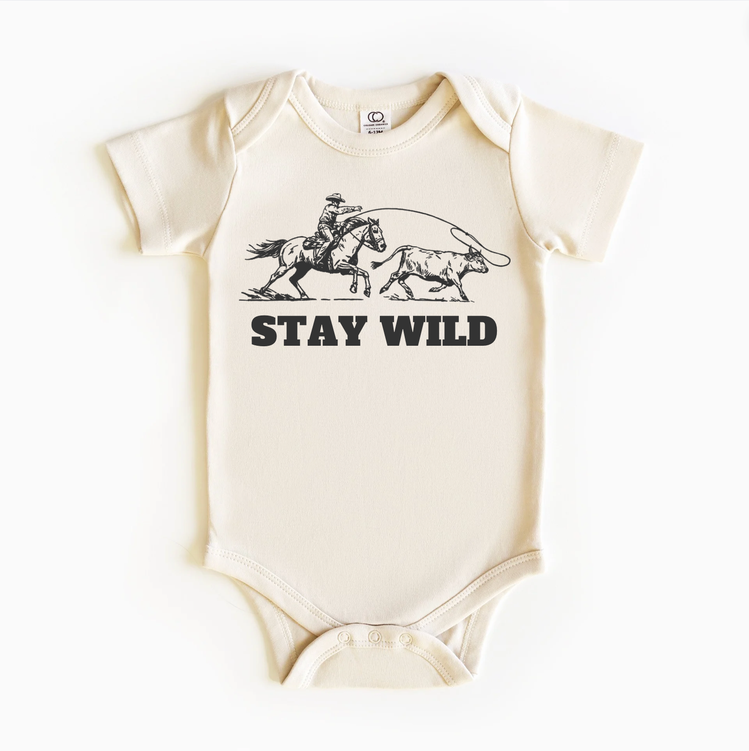 A beige bodysuit with 'Stay Wild' text and a graphic of a cowboy riding a horse on the front.