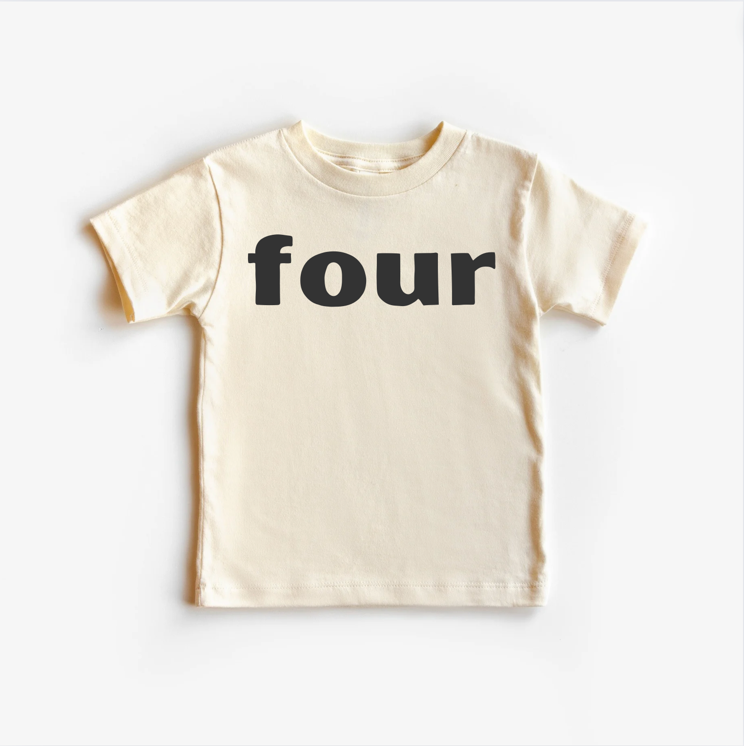 Beige t-shirt with the word 'four' printed on it against a white background
