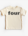 Beige t-shirt with the word 'four' printed on it against a white background