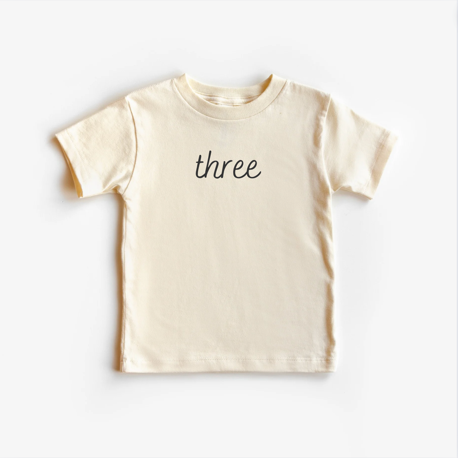 “Three” 3rd Birthday Tee – Neutral Toddler T-Shirt (Multiple Fits & Styles)