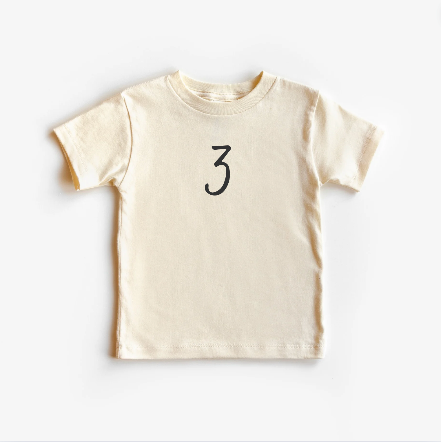 “Three” 3rd Birthday Tee – Neutral Toddler T-Shirt (Multiple Fits & Styles)