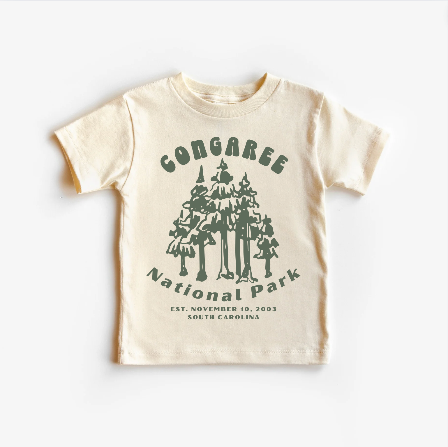 A beige unisex tee shirt top with 'Congaree National Park' and a tree graphic design.