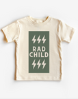 A light beige colored toddler's t-shirt with a green lightning bolt graphic on the front.