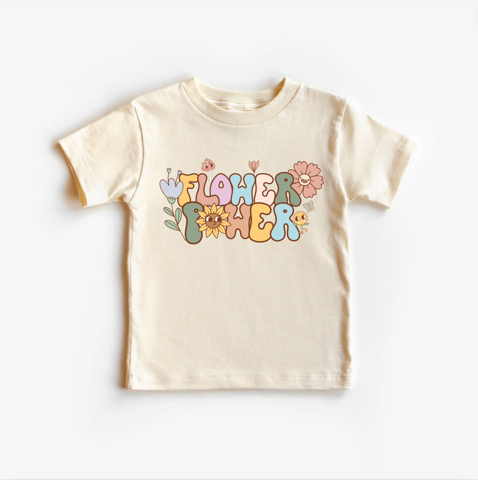 A white unisex gender-neutral tee shirt top with 'Flower Power' text and colorful floral illustrations on it, suitable for children.